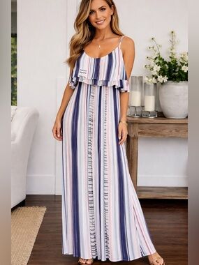 Boho Lane Bryant Navy, Pink & White Striped Ruffle Maxi Dress size 14/16